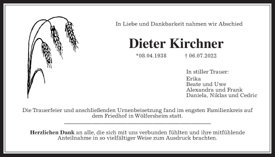 Traueranzeige von Dieter Kirchner von Wetterauer Zeitung