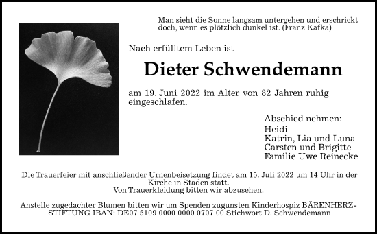 Traueranzeige von Dieter Schwendemann von Wetterauer Zeitung