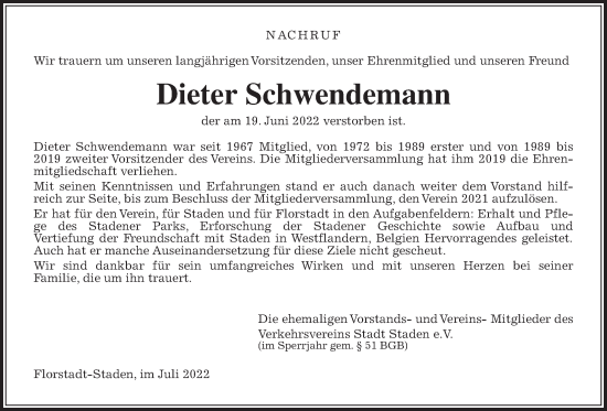 Traueranzeige von Dieter Schwendemann von Wetterauer Zeitung