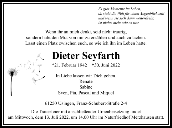 Traueranzeige von Dieter Seyfarth von Usinger Anzeiger