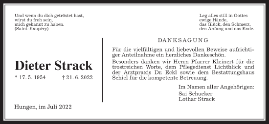 Traueranzeige von Dieter Strack von Licher Wochenblatt