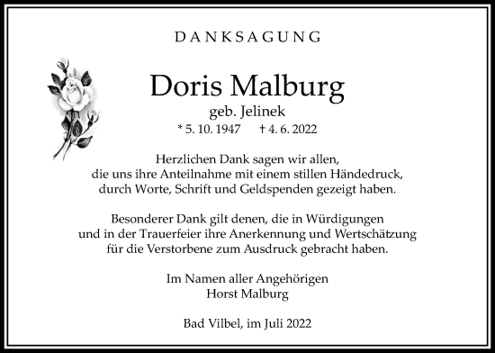 Traueranzeige von Doris Malburg von Bad Vilbel/Karben