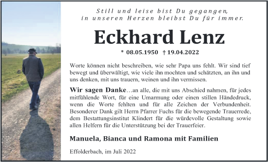 Traueranzeige von Eckhard Lenz von Kreis-Anzeiger