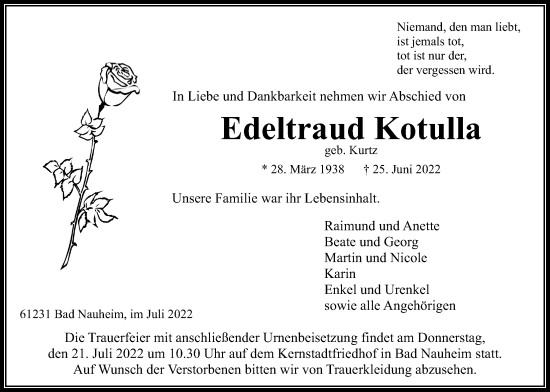 Traueranzeige von Edeltraud Kotulla von Wetterauer Zeitung