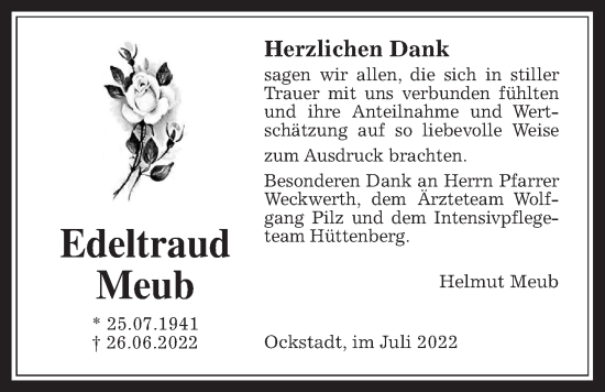Traueranzeige von Edeltraud Meub von Wetterauer Zeitung