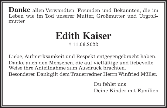 Traueranzeige von Edith Kaiser von Kreis-Anzeiger