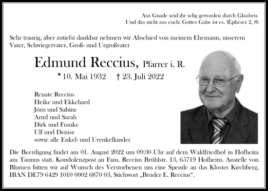 Traueranzeige von Edmund Reccius 
