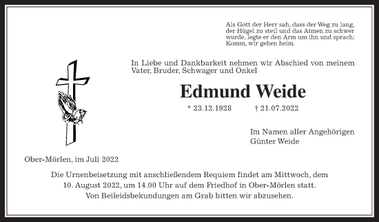 Traueranzeige von Edmund Weide von Wetterauer Zeitung
