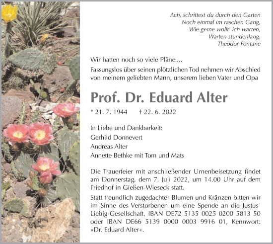 Traueranzeige von Eduard Alter von Giessener Anzeiger, Giessener Allgemeine, Alsfelder Allgemeine