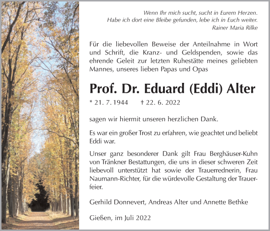 Traueranzeige von Eduard Alter von Giessener Allgemeine, Alsfelder Allgemeine, Giessener Anzeiger