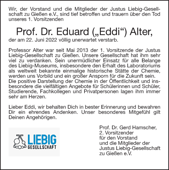 Traueranzeige von Eduard Alter von Wetterauer Zeitung, Giessener Allgemeine, Alsfelder Allgemeine, Giessener Anzeiger