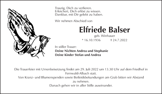 Traueranzeige von Elfriede Balser von Giessener Allgemeine, Alsfelder Allgemeine, Giessener Anzeiger