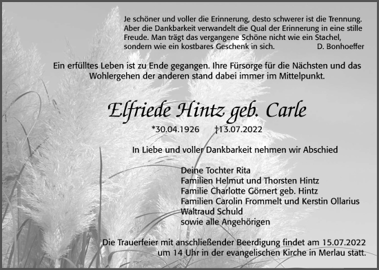 Traueranzeige von Elfriede Hintz von Giessener Allgemeine, Alsfelder Allgemeine