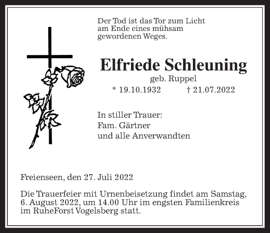 Traueranzeige von Elfriede Schleuning von Laubacher Anzeiger