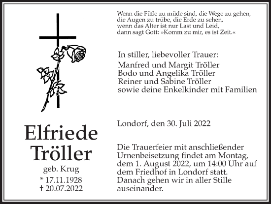 Traueranzeige von Elfriede Tröller von Giessener Allgemeine, Alsfelder Allgemeine