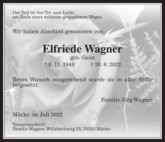 Traueranzeige von Elfriede Wagner von Mücker Stimme