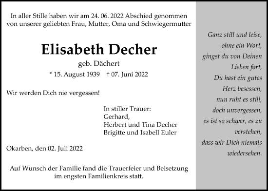 Traueranzeige von Elisabeth Decher von Bad Vilbel/Karben