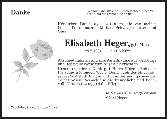 Traueranzeige von Elisabeth Heger von Wetterauer Zeitung