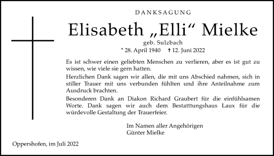 Traueranzeige von Elisabeth Mielke von Wetterauer Zeitung