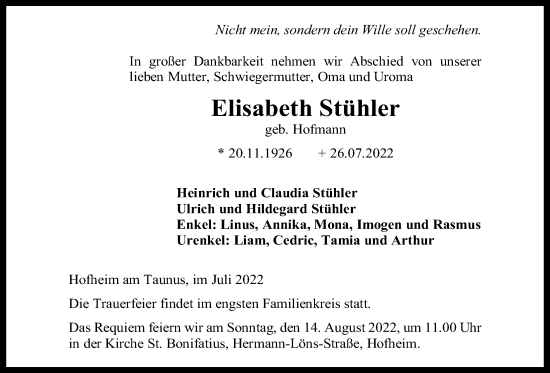 Traueranzeige von Elisabeth Stühler 