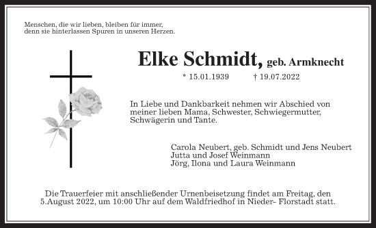 Traueranzeige von Elke Schmidt von Wetterauer Zeitung