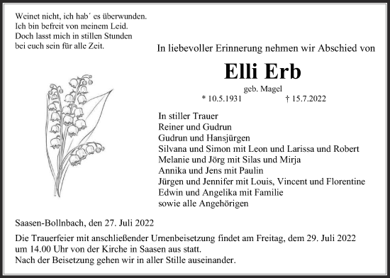 Traueranzeige von Elli Erb von Giessener Allgemeine, Alsfelder Allgemeine, Giessener Anzeiger