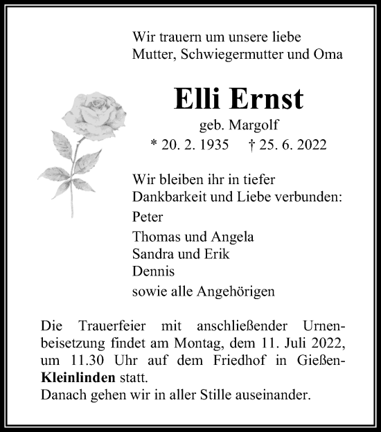 Traueranzeige von Elli Ernst von Giessener Anzeiger, Giessener Allgemeine, Alsfelder Allgemeine