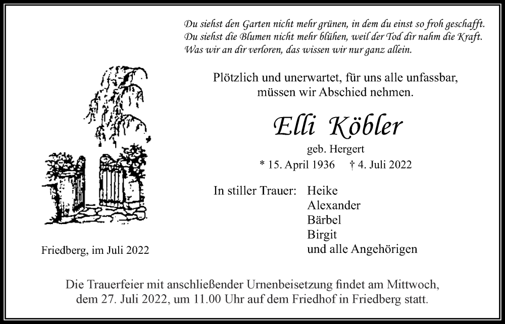  Traueranzeige für Elli Köbler vom 23.07.2022 aus Wetterauer Zeitung