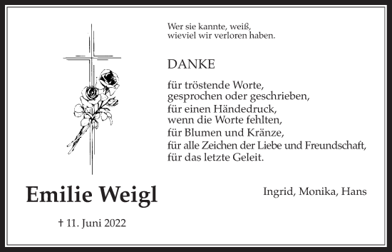 Traueranzeige von Emilie Weigl von Wetterauer Zeitung