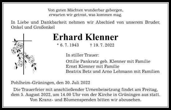 Traueranzeige von Erhard Klenner von Giessener Allgemeine, Alsfelder Allgemeine, Giessener Anzeiger