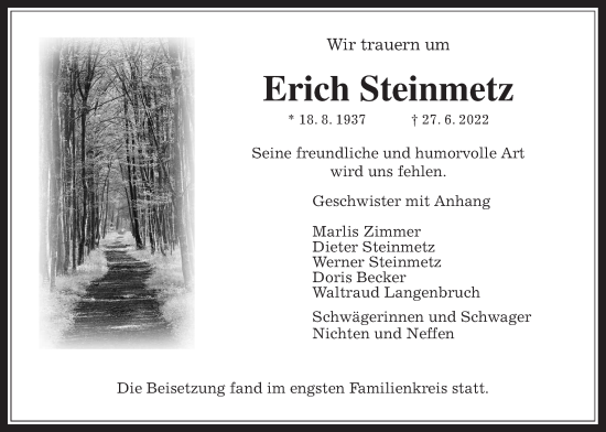 Traueranzeige von Erich Steinmetz von Giessener Anzeiger, Giessener Allgemeine, Alsfelder Allgemeine