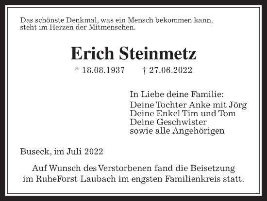 Traueranzeige von Erich Steinmetz von Giessener Anzeiger, Giessener Allgemeine, Alsfelder Allgemeine