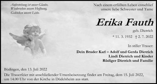Traueranzeige von Erika Fauth von Kreis-Anzeiger