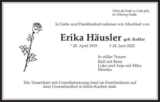 Traueranzeige von Erika Häusler von Bad Vilbel/Karben