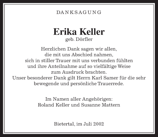 Traueranzeige von Erika Keller von Giessener Anzeiger, Giessener Allgemeine, Alsfelder Allgemeine