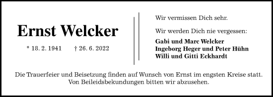Traueranzeige von Ernst Welcker von Kreis-Anzeiger