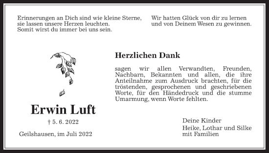 Traueranzeige von Erwin Luft von Giessener Allgemeine, Alsfelder Allgemeine