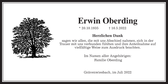 Traueranzeige von Erwin Oberding 