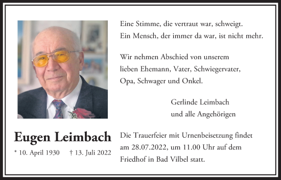 Traueranzeige von Eugen Leimbach von Bad Vilbel/Karben