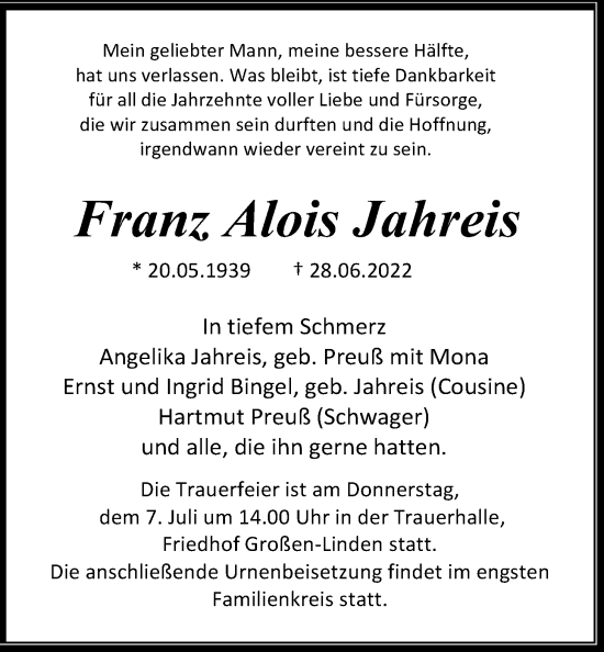 Traueranzeige von Franz Alois Jahreis von Giessener Anzeiger, Giessener Allgemeine, Alsfelder Allgemeine