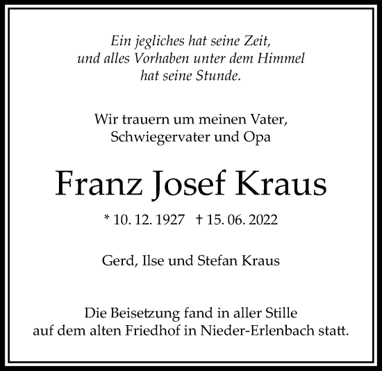 Traueranzeige von Franz Josef Kraus von Bad Vilbel/Karben