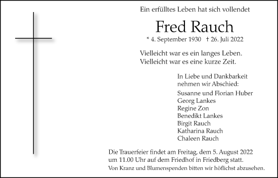 Traueranzeige von Fred Rauch von Wetterauer Zeitung