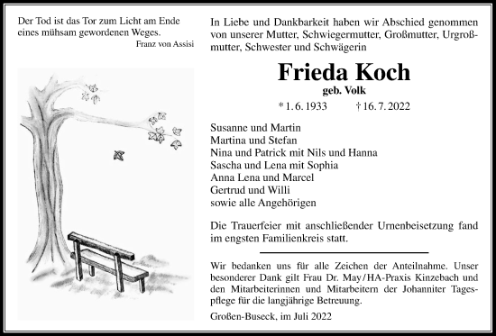 Traueranzeige von Frieda Koch von Giessener Allgemeine, Alsfelder Allgemeine, Giessener Anzeiger