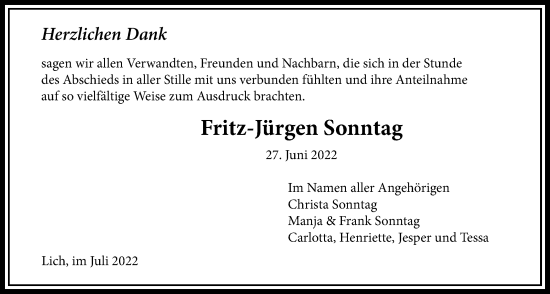 Traueranzeige von Fritz-Jürgen Sonntag von Licher Wochenblatt