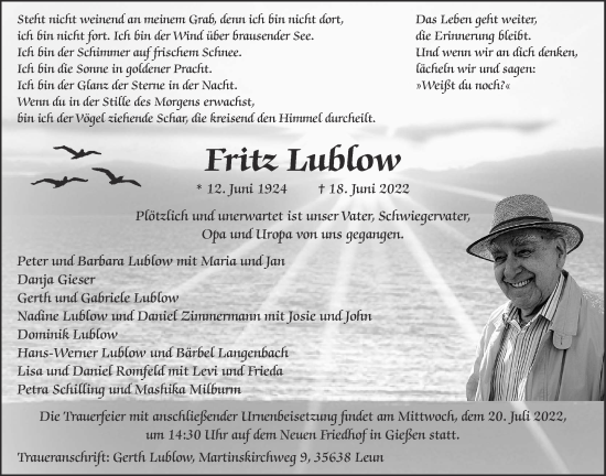 Traueranzeige von Fritz Lublow von Giessener Allgemeine, Alsfelder Allgemeine