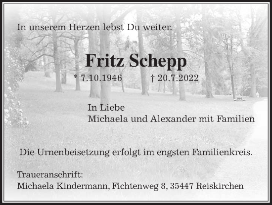 Traueranzeige von Fritz Schepp von Giessener Allgemeine, Alsfelder Allgemeine