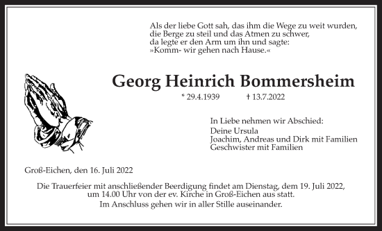 Traueranzeige von Georg Heinrich Bommersheim von Giessener Allgemeine, Alsfelder Allgemeine