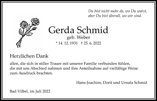 Traueranzeige von Gerda Schmid von Bad Vilbel/Karben