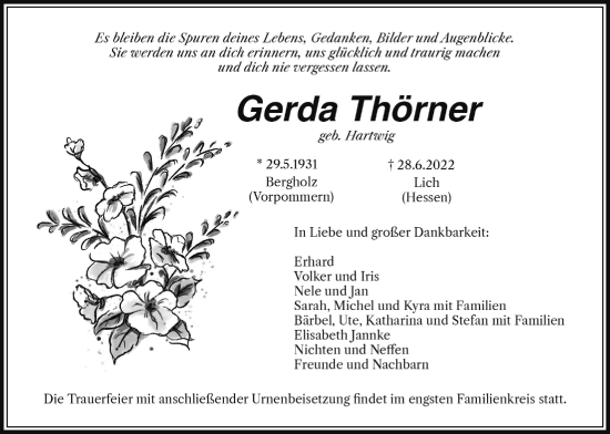 Traueranzeige von Gerda Thörner von Licher Wochenblatt