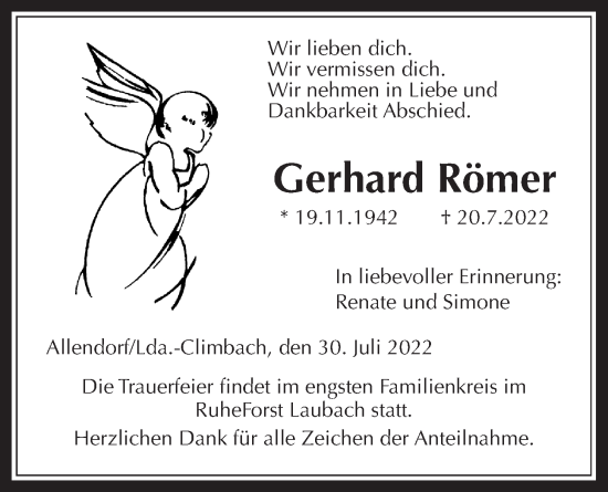 Traueranzeige von Gerhard Römer von Giessener Allgemeine, Alsfelder Allgemeine